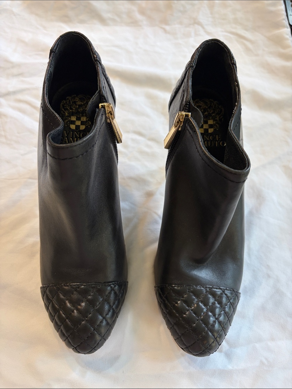 Vince Camuto Black Quilted Cap-Toe Leather Ankle Booties with Gold Zipper